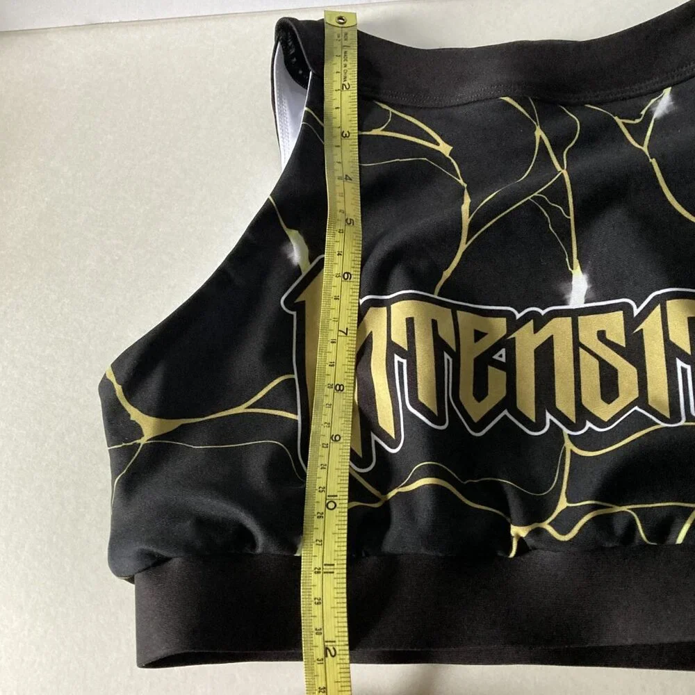 Forever Intensity Sports‎ Bra, Size Medium, Black Gold Mesh Stretchy Electric